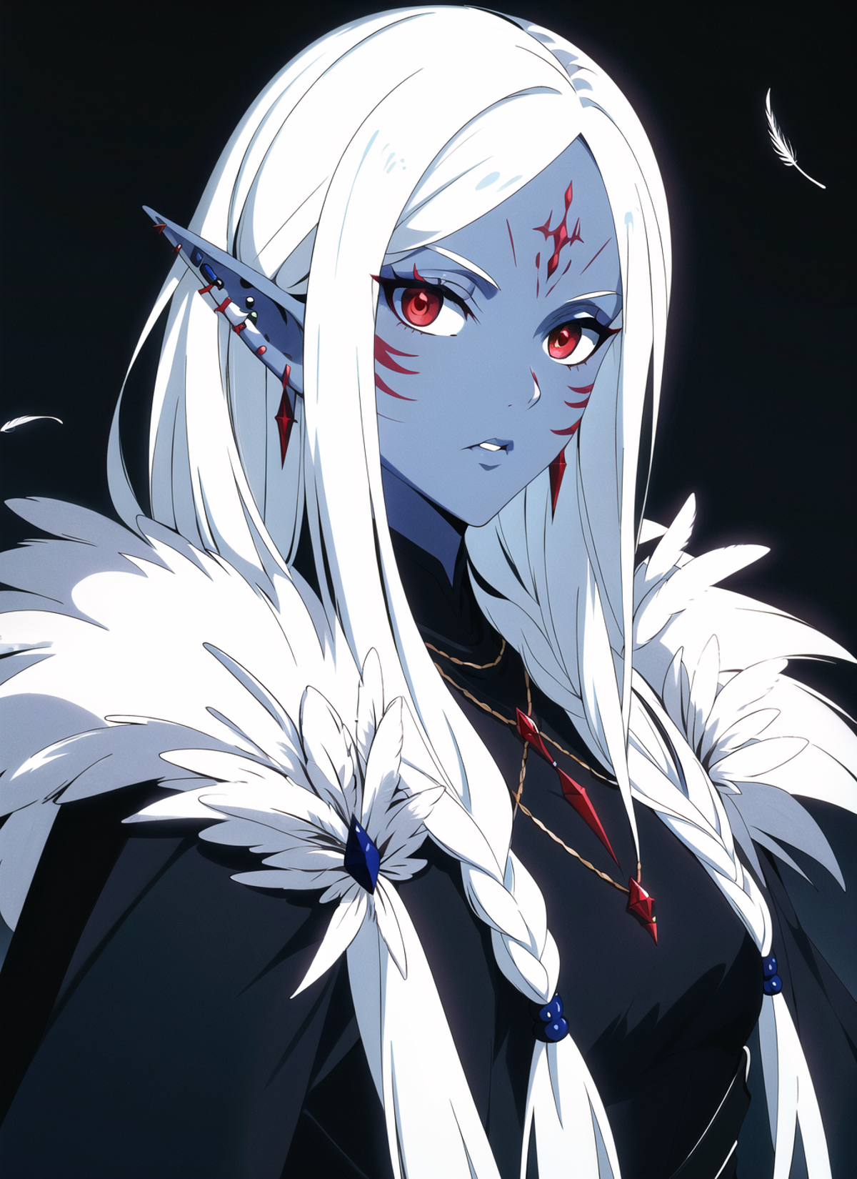drow, female, pointy ears, solo, long hair, jewelry, earrings, feathers, braid, red eyes, colored skin, looking at viewer,...